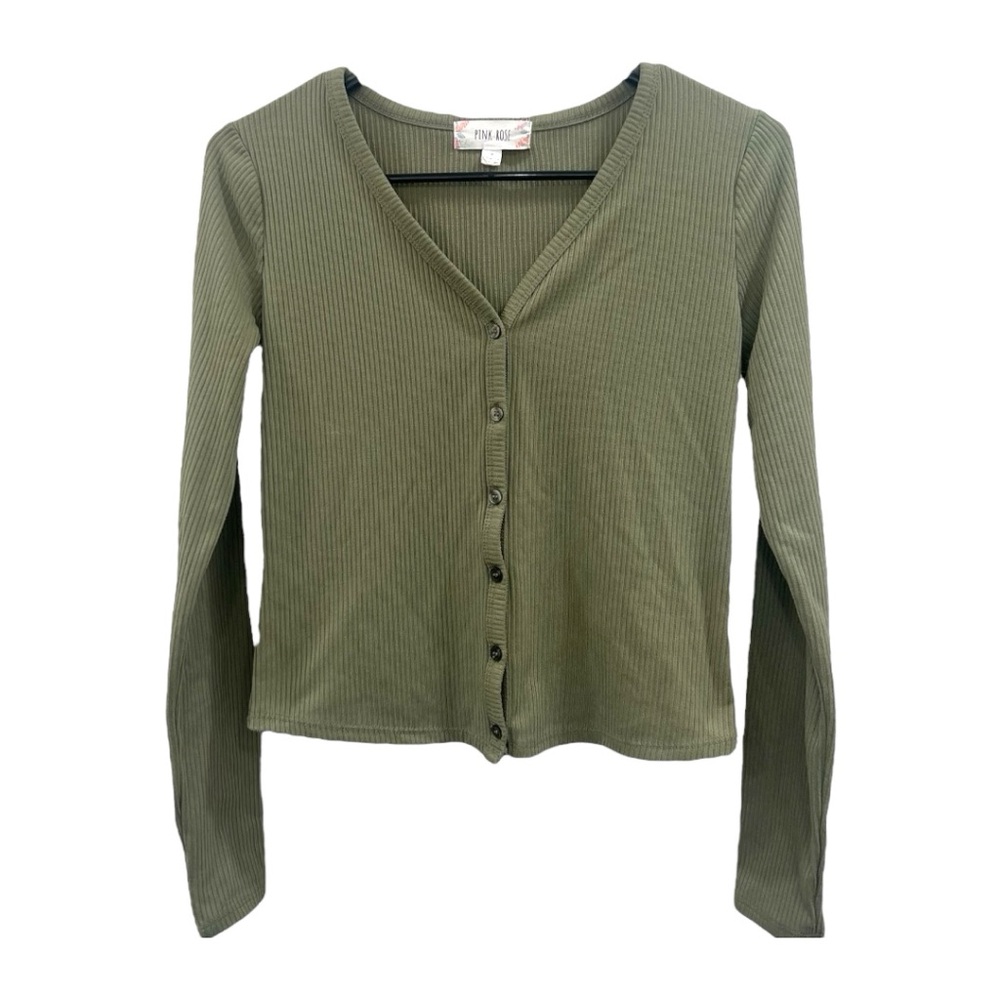 Pink Rose Green Cropped Button Down Long Sleeve Crop Top Size S